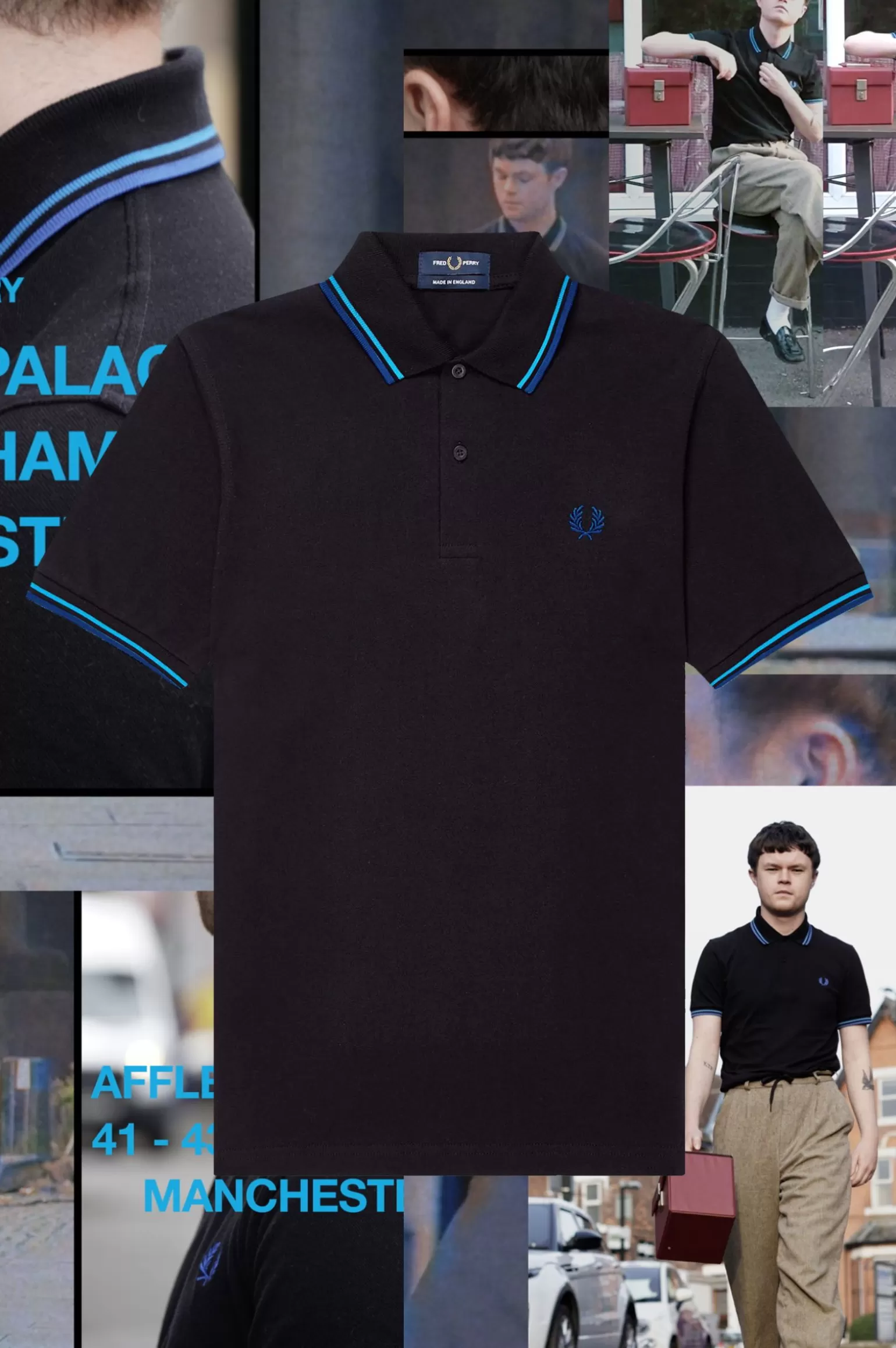 Poloshirts^Fred Perry M12 Schwarz / Stockport Himmelblau / Manchester Blau