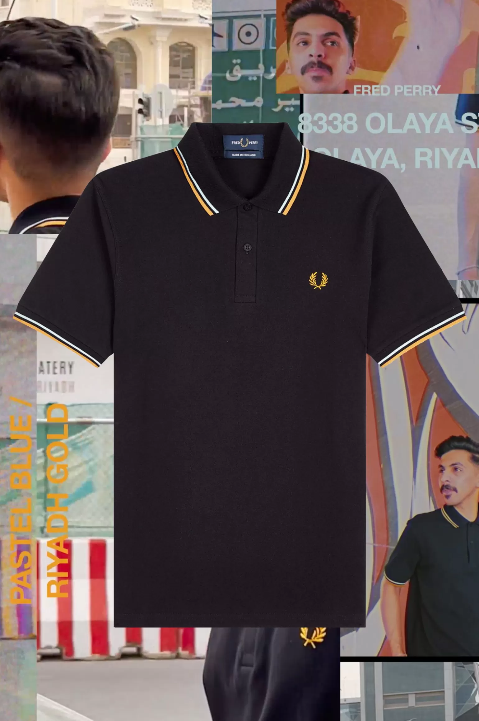 Poloshirts^Fred Perry M12 Schwarz / Pastellblau / Riad Gold
