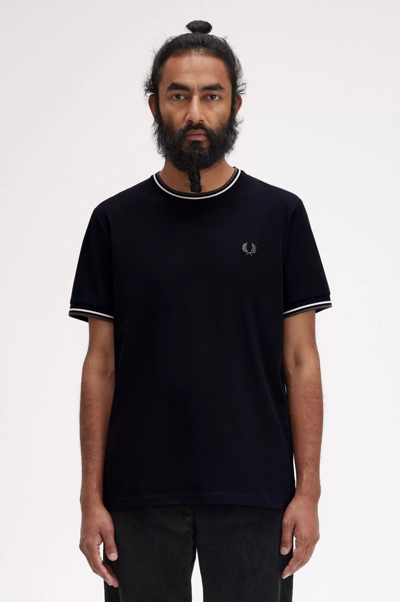 T-Shirts^Fred Perry T-Shirt Mit Doppelstreifen Schwarz / Ecru / Lorbeerkranzgrün